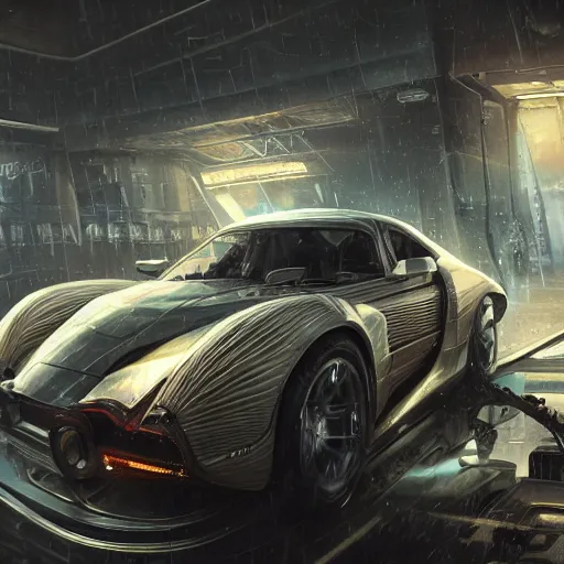 Prompt: full view of a car, intricate, elegant, highly detailed, digital painting, concept art, smooth, sharp focus, art style from Wang Ke and Greg Rutkowski and Bruce Kaiser and Scott Robertson and Dmitry Mazurkevich and Doruk Erdem and Jon Sibal, small style cue from Blade Runner and Total Recall and Cyberpunk 2077