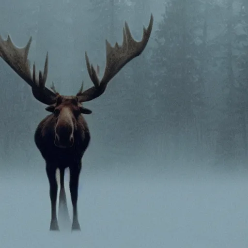 Prompt: polaroid of a moose with a cheeky smile, foggy, cinematic shot, photo still from movie by denis villeneuve, wayne barlowe