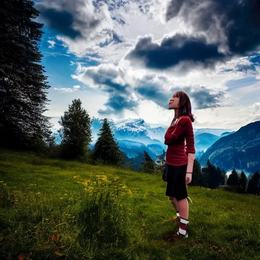 Image similar to a beautiful photograph of a girl with switzerland landscape in the background with trees, hdr, 8 k, high quality, sharp focus, artstation, highly detailed, award - winning, dramatic lighting, beautiful clouds, and nature