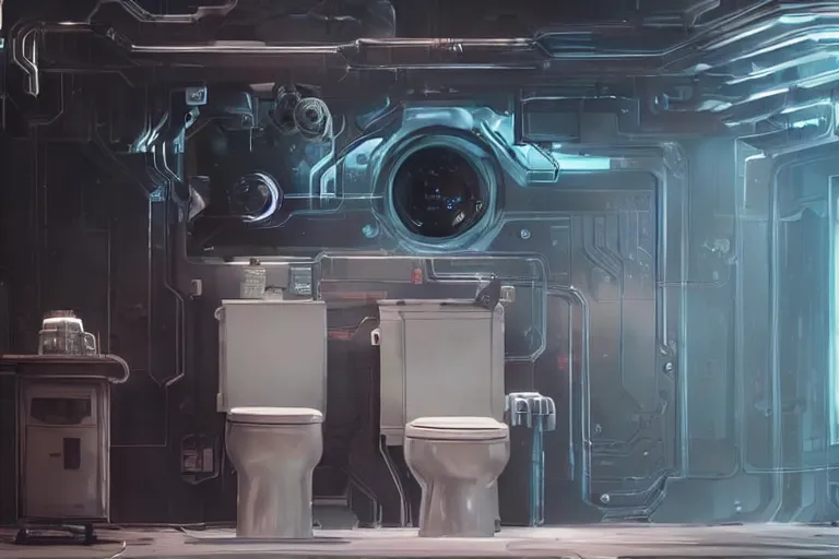 Image similar to hyperrealism aesthetic ridley scott and denis villeneuve style photography of a detailed hyperrealism elon musk, siting on a detailed cyberpunk toilet and scrolling his smartphone in hyperrealism scene from detailed art house movie in style of alejandro jodorowsky and wes anderson