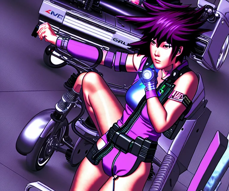 Image similar to motoko kusanagi riding a cyberpunk vehicle in a grungy cyberpunk megacity, bosozoku gang war, cyberpunk vaporwave, by phil jimenez, artgerm, sola digital arts, anti aliasing, raytracing