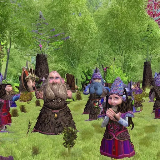 Image similar to a beatiful dwarven festival in a fertile green park with surreal elven nature, lots of gnome children, a gnome rock band concert and dwarven BBQ