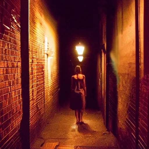 Prompt: a creepy cell phone camera picture of an alleyway in west philadelphia at night, with a college - aged woman in the distance. girl in the photo. directed by david lynch