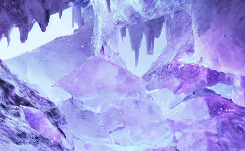 Image similar to poor kids drawing of an ice cavern matrix with purple goo tubing and ice crystals, octane render, ray - tracing, high contrast, detailed scene, subsurface - scattering, 4 k, high quality desktop wallpaper, trending on artstation