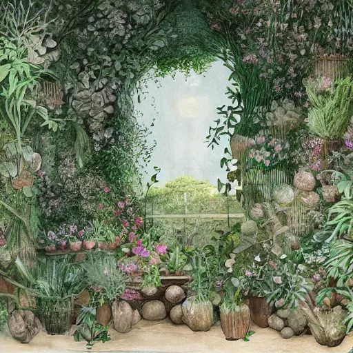 Image similar to delicate garden on paper, spirals stony, floating robes, puffy, vines, botanical herbarium, botanic watercolors, coastline, iridescent, 8 k wide angle, realistic shaded, fine details, artstation, italian, rainbow, colonnade, oak, pinecone, gardena architecture, pompeii, naples, sicilian, boundary walls