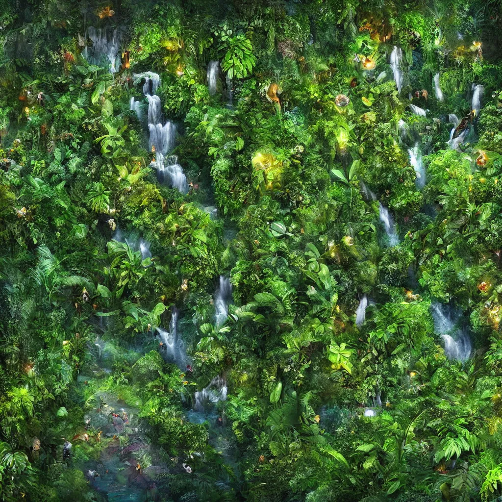 Prompt: a jungle garden in amazon, detailed dreamscape, hyperreal phantastic, drone shot, intricate details in environment, golden ratio, high aestehtic, waterfalls and lakes, cinematic light dramatic light, lightrays, in the style of terrence mallick cinematography, trending on artstation