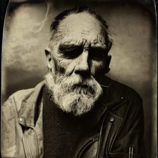 Prompt: tintype photograph, post - nuclear town, old man, tattooed man, sad man, 2 0 9 0 s