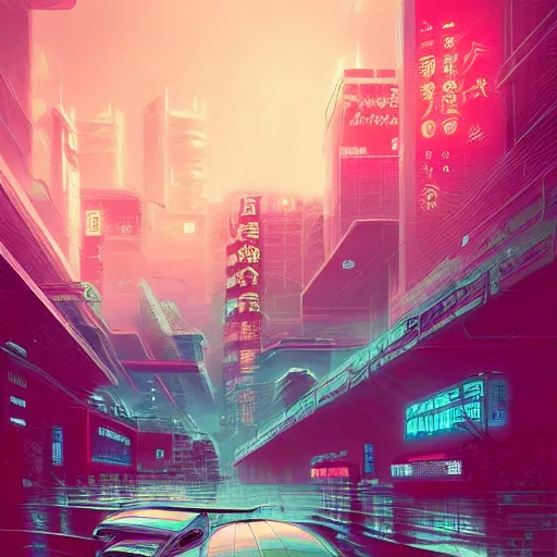 Image similar to beautiful japanese cyberpunk futuristic landscape painting, teal and pink, by tuomas korpi, dan mumford, trending on artstation