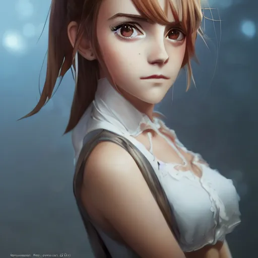 Image similar to anime portrait of emma watson as an anime girl by Stanley Artgerm Lau, WLOP, Rossdraws, James Jean, Andrei Riabovitchev, Marc Simonetti, and Sakimichan, trending on artstation