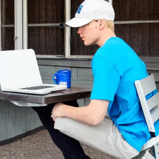 Image similar to back of short college guy with short blonde hair wearing a blue baseball cap and grey shirt sitting in a chair typing an essay on a laptop