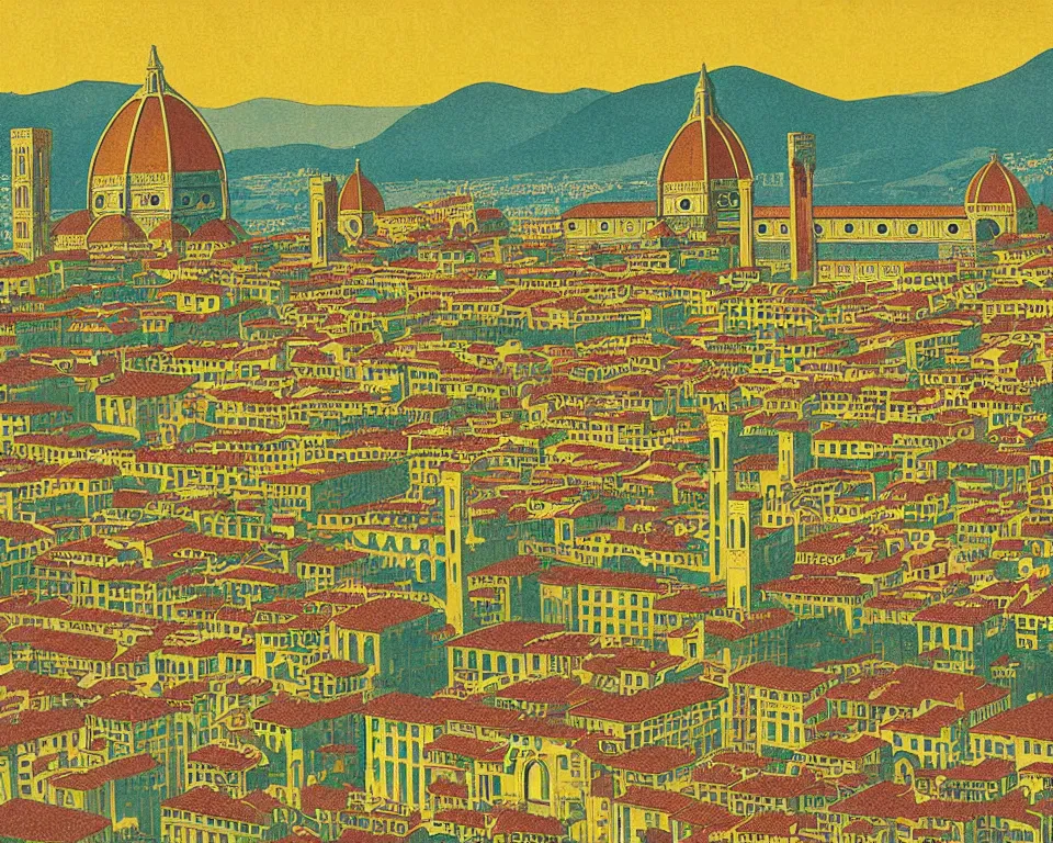 Image similar to resplendent, gilded art deco print of Florence, Italy by Hasui Kawase and Lyonel Feininger