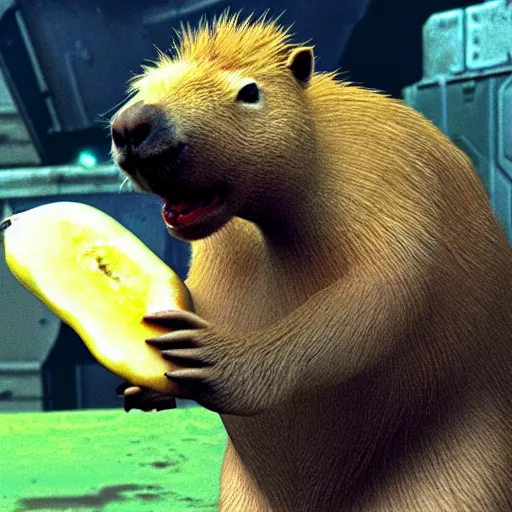 Image similar to capybara with a banana on top of its head. doom2 screenshot