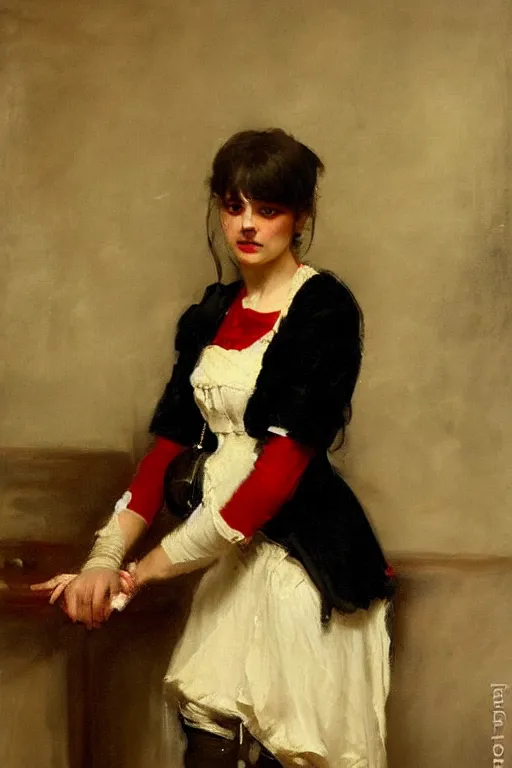 Image similar to Solomon Joseph Solomon and Richard Schmid and Jeremy Lipking victorian genre painting full length portrait painting of a young beautiful woman traditional german french barmaid in fantasy costume, red background