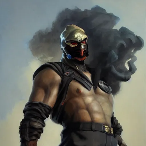 Image similar to greg manchess portrait painting of smoke from mortal kombat as overwatch character, medium shot, asymmetrical, profile picture, organic painting, sunny day, matte painting, bold shapes, hard edges, street art, trending on artstation, by huang guangjian and gil elvgren and jesper ejsing