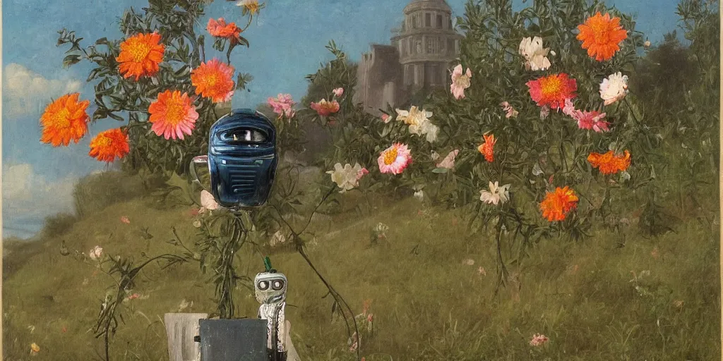 Prompt: robot head with flowers growing out, Thomas Cole, wide angle, minimalistic, highly detailed, masterpiece