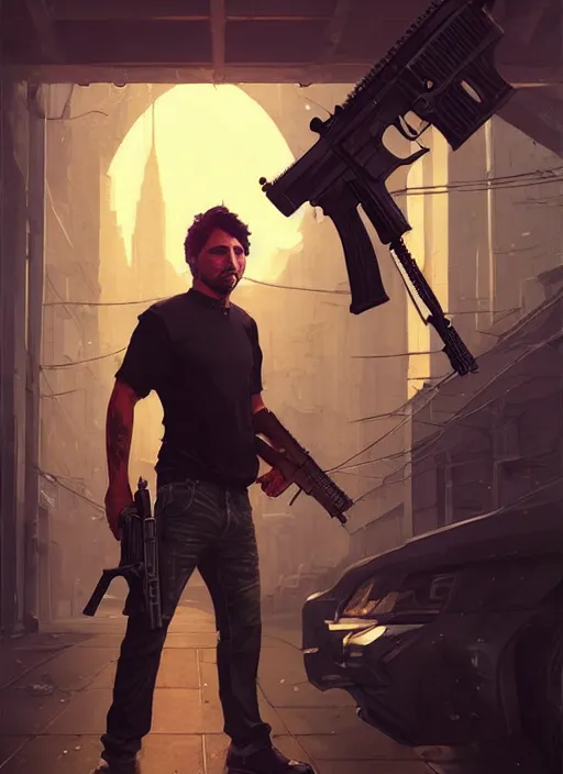 Image similar to highly detailed portrait justin trudeau in street gang attire holding ar - 1 5! in gta v stephen bliss unreal engine fantasy art by greg rutkowski loish rhads ferdinand knab makoto shinkai lois van baarle ilya kuvshinov rossdraws tom bagshaw global illumination radiant light detailed intricate environment