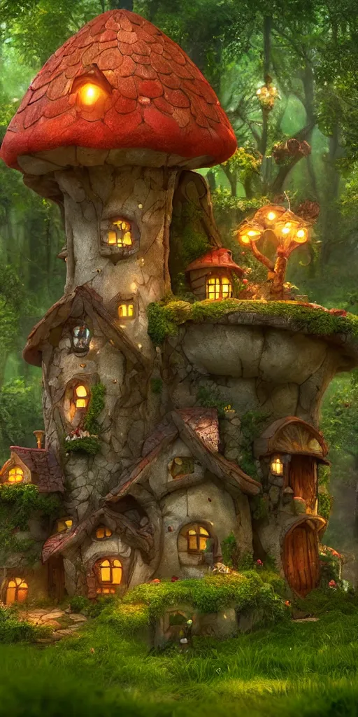 Prompt: A fairy tale toadstool-style house in magical forest, cinematic lighting, photo realistic image, 4K, super detailed, cinematic look