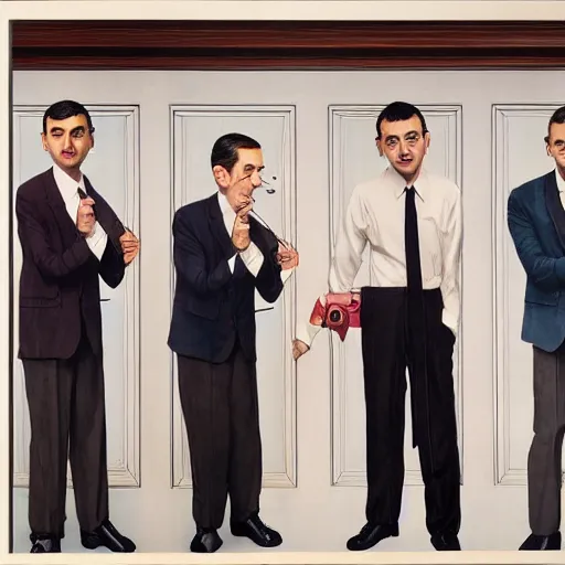 Prompt: mr. bean in a boy band and everyone is mr. bean hyperrealism photo - realistic by norman rockwell and 8 k