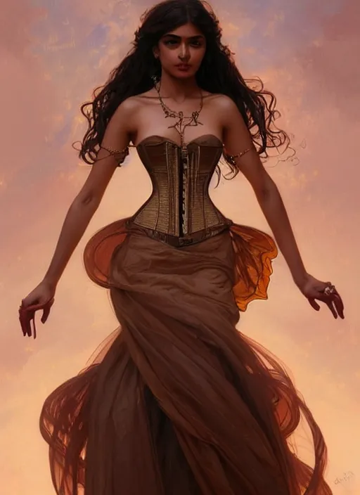 Image similar to cute brown woman wearing a translucent corset dress, fantasy, intricate, highly detailed, digital painting, artstation, concept art, wallpaper, smooth, sharp focus, illustration, art by artgerm and greg rutkowski and alphonse mucha