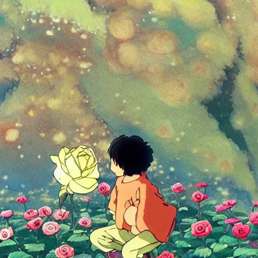 Image similar to the little prince kisses the rose, painted by studio ghibli