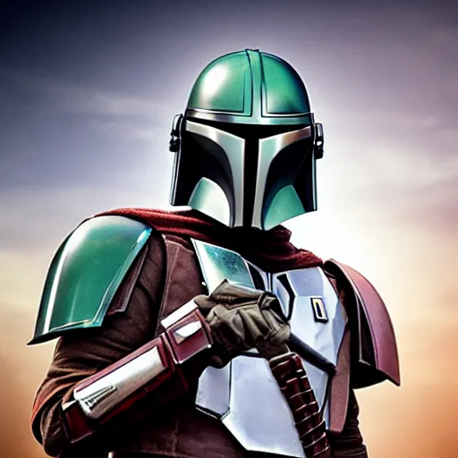 Image similar to realistic mandalorian holding a small black box