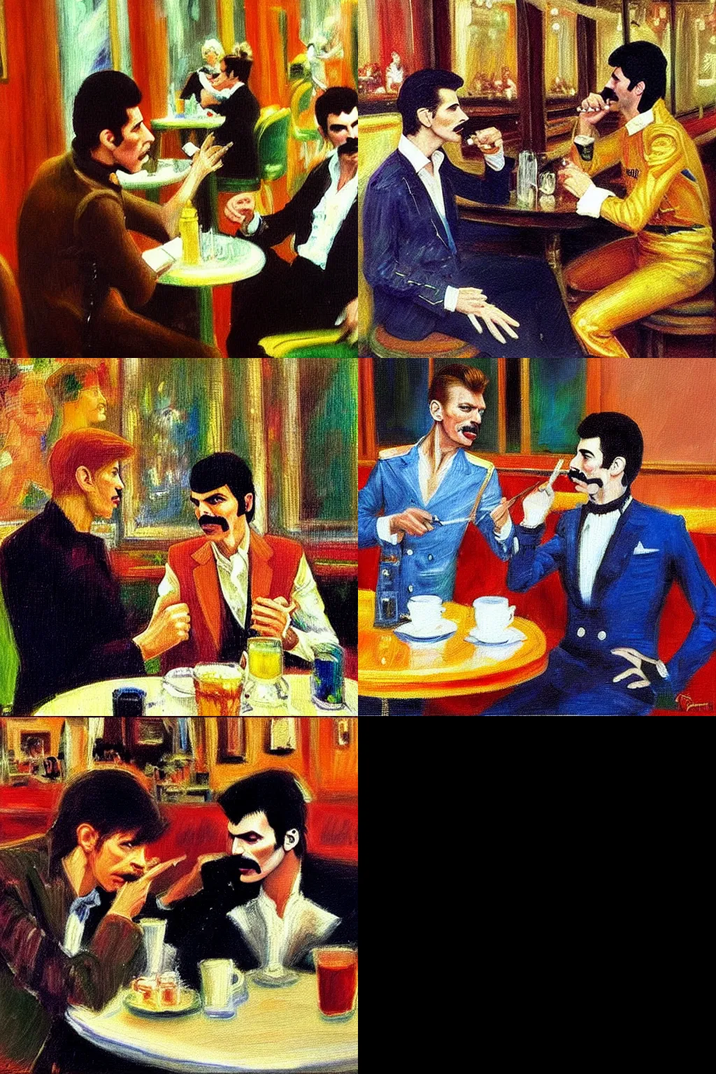 Prompt: david bowie and freddie mercury at a parisian cafe, impressionist painting, detailed, museum