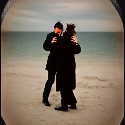 Image similar to 9 0 s polaroid photograph of a man and woman both wearing trenchcoats at night, dancing together on a beach during cloudy weather, vignette