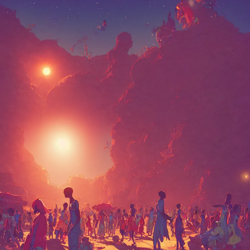 Image similar to a comic book style illustration of an african festival by moebius and makoto shinkai and rossdraws, ornate, lights, cosmic, featured on artstation, pixiv, volumetric lighting, 8 k, highly detailed render, octane render, unreal engine, soft glow, crisp lines, f 1 1, sharp focus,