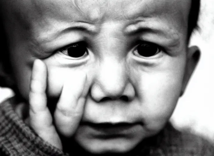 Prompt: high _ resolution _ black _ and _ white _ portrait _ with _ a _ 3 5 _ mm _ f _ 5. 0 _ lens _ of _ a _ child _ in _ soviet _ russia _ with _ closed _ eyes _ and _ a _ sad _ face _ about _ to _ cry.