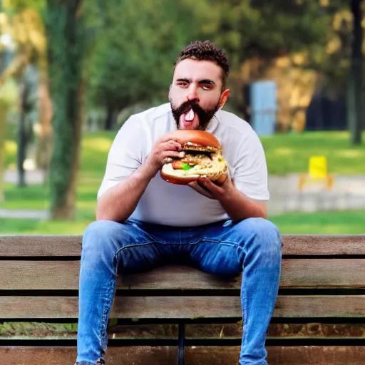 Prompt: a man eating a burger, there are insects in his burger, he is sitting on a bench, he is cross eyed.