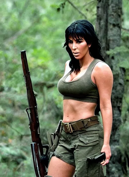 Prompt: film still of kim kardashian as John Rambo in Rambo,