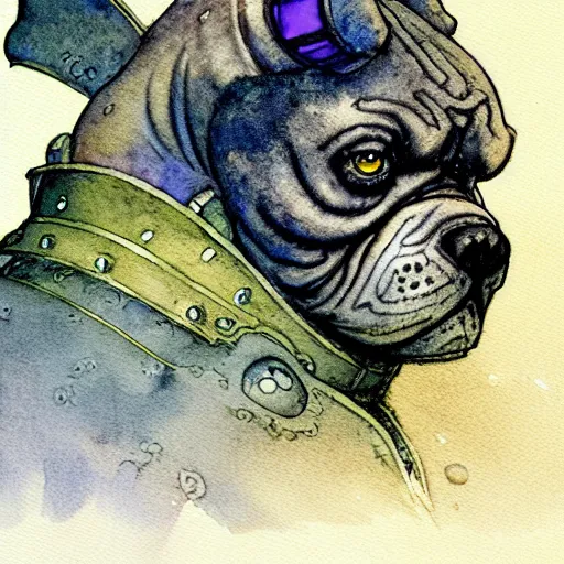 Image similar to a simple and atmospheric watercolour fantasy character concept art portrait of a mechanized android bulldog as a druidic warrior wizard looking at the camera with an intelligent gaze, very muted colors, by rebecca guay, michael kaluta, charles vess and jean moebius giraud