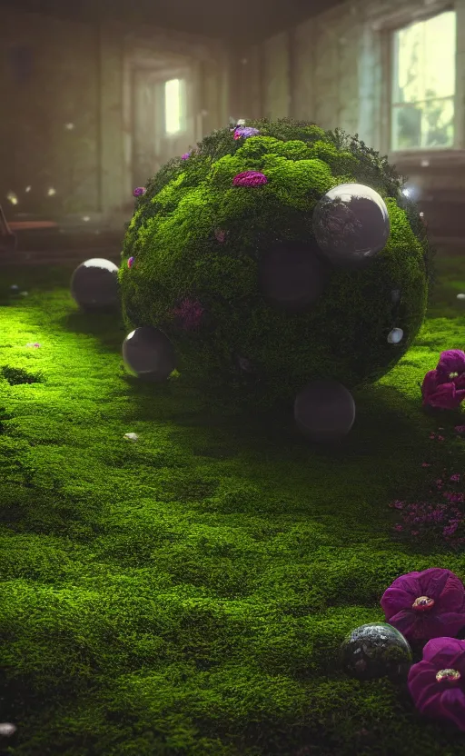 Image similar to view of the inside of a trash bag decorated with moss and flowers and illuminated by glowing orbs, octane render, abstract, unorthodox, 4k, desktop wallpaper, raytracing