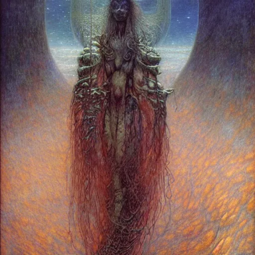 Image similar to lost on a gigeresque planet by jean delville by luis royo and wayne barlowe, beksinski