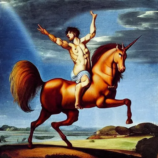 Prompt: an absolute beast of a muscly unicorn walking on rainbow in the style of caravaggio