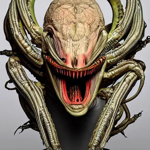 Image similar to alien trump, sharpt teeth, by h. r. giger, nightmare fuel, nightmarish, intricate, highly detailed, optical illusion, stranger things demogorgon