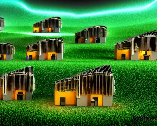 Image similar to connected ecovillage houses with solrarrofs, very big bees flying around - plant goddess high quality photo, microchip, artificial intelligence, bio - mechanical bio - luminescence, black wired cables, neurons, nerve cells, cinematic, rim light, photo - realistic, elegant, high detail, 8 k, masterpiece, high fashion, in the style of man ray