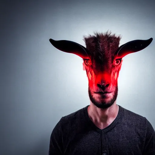 Prompt: a man with small goat horns growing from his head. glowing red eyes and sharp teeth. portrait photography, studio lighting, cinematic, chilling 4 k