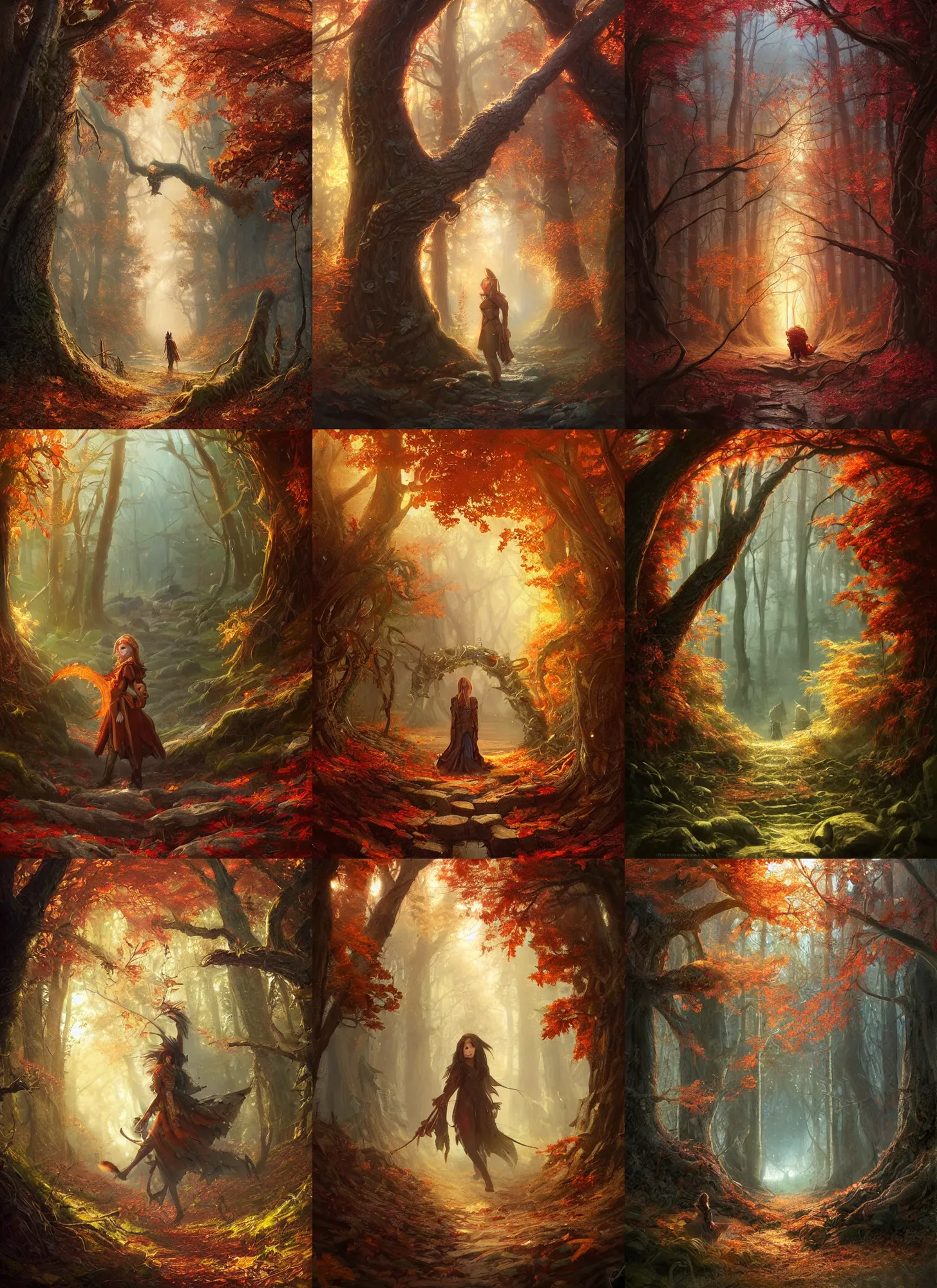 Image similar to magical autumnal forest portal, d & d, fantasy, portrait, highly detailed, digital painting, trending on artstation, concept art, sharp focus, illustration, art by artgerm and greg rutkowski and magali villeneuve