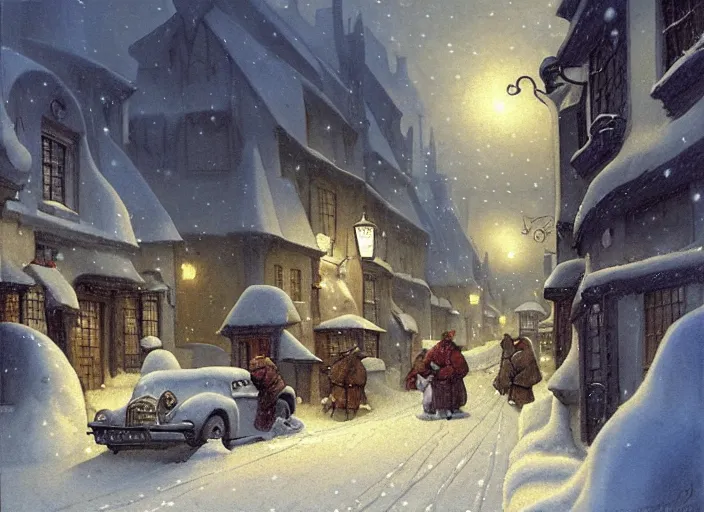 Image similar to a night scene of a snowy street, a detailed painting by anton pieck and gil elvgren, deviantart contest winner, fantasy art, concept art, official art