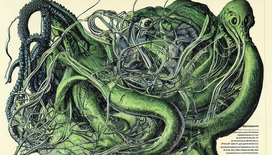 Image similar to cthulhu cross section scientific illustration biology book, highly detailed