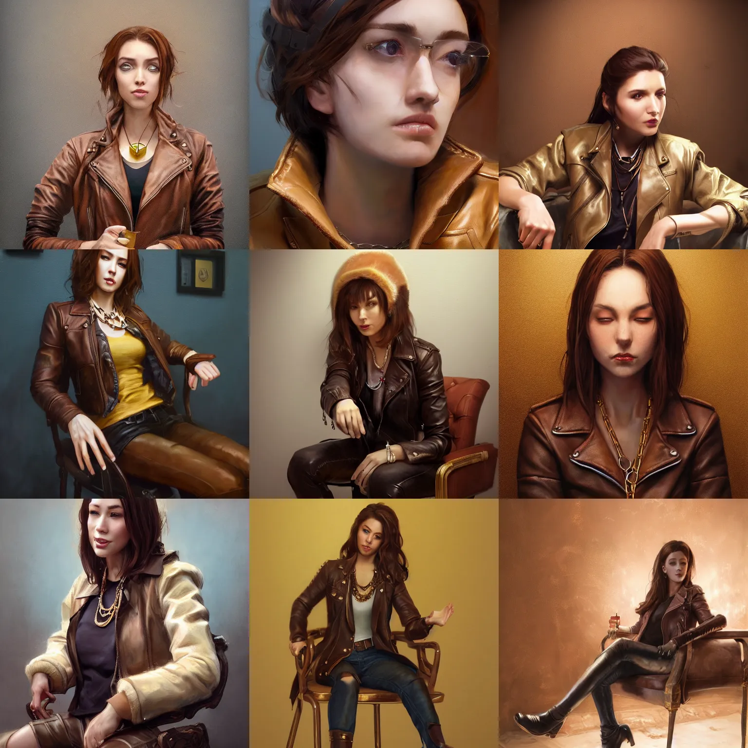 Prompt: woman with brown hair sitting in a chair wearing a leather jacket and a golden necklace, huggy wuggy from poppy playtime video game, fullbody, ultra high detailed, oil painting, Greg Rutkowski, Charlie Bowater, Yuumei, Yanjun Cheng, unreal 5, DAZ, hyperrealistic, octane render, RPG portrait, dynamic lighting, fantasy art, beautiful face