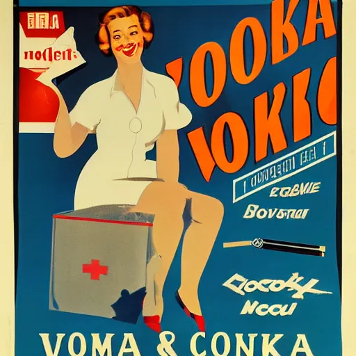 Image similar to promotional poster for vodka and tobacco in the hospital, mid - twentieth century american style art