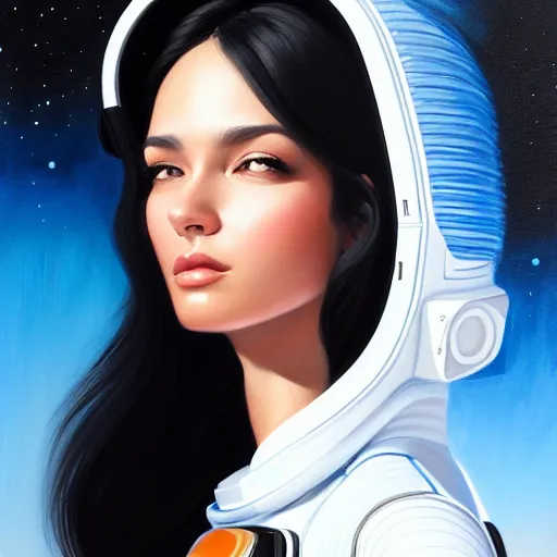 Image similar to a portrait of a very beautiful woman in a spacesuit, Alexandria\'s genesis, shoulder-length black hair, bored, illustration, soft lighting, soft details, painting oil on canvas by mark arian by artgerm, trending on artstation, 4k, 8k, HD