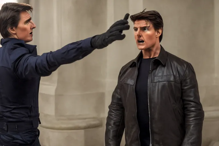 Prompt: a film still of Peter Serafinowicz arguing with Tom Cruise in Mission: Impossible IX, high quality