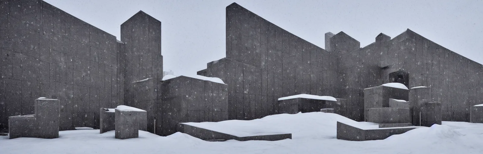 Prompt: snow falling on brutalist monastery, the monastery is on top of a black snowy mountain, the concrete monastery has walkways, skybridges, stairways, white marble statues on pedestals in the background, depth of field, sharp focus, clear focus, beautiful, award winning architecture, hopeful, quiet, calm, serene