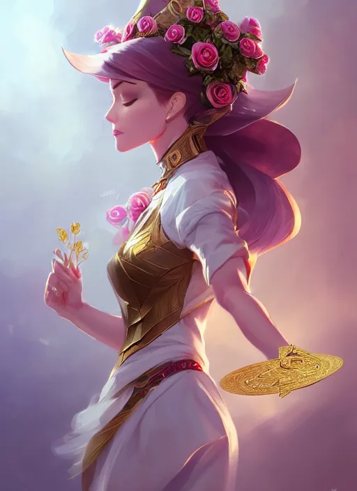 Image similar to female magician, wide angle view, roses, flowers, gold, diamonds, highly detailed, artgerm, cushart krenz, artstation, soft light, sharp focus, illustration, character design, concept art