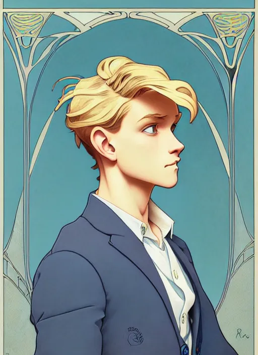 Image similar to art nouveau portrait of a pretty young man with short blond hair, light blue eyes, sad expression, scared, head down, natural lighting, path traced, highly detailed, high quality, cartoon, digital painting, by don bluth and ross tran and studio ghibli and alphonse mucha