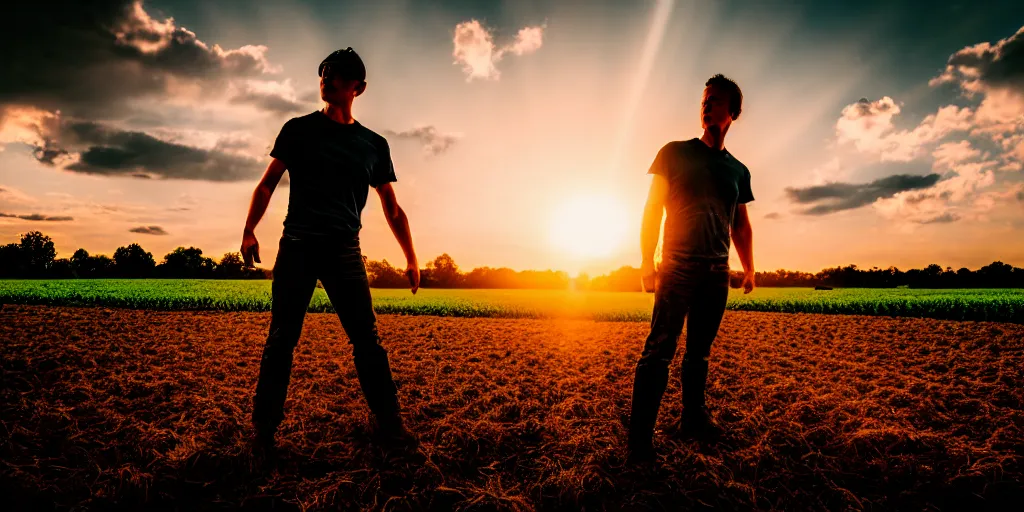 Image similar to the sunset's light beam, tom holand, action pose, outside in a farm, medium close up shot, depth of field, sharp focus, waist up, movie scene, anamorphic,