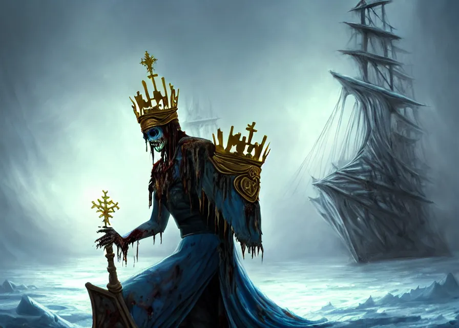 Image similar to frozen zombie king with gold crown, eyes are glowing, broken sailing ship boat in the background, is at dawn and bluish, fantasy, intricate, elegant, highly detailed, digital painting, artstation, concept art, matte, sharp focus, illustration, art by aenaluck and roberto ferri and greg rutkowski, epic fantasy, digital painting